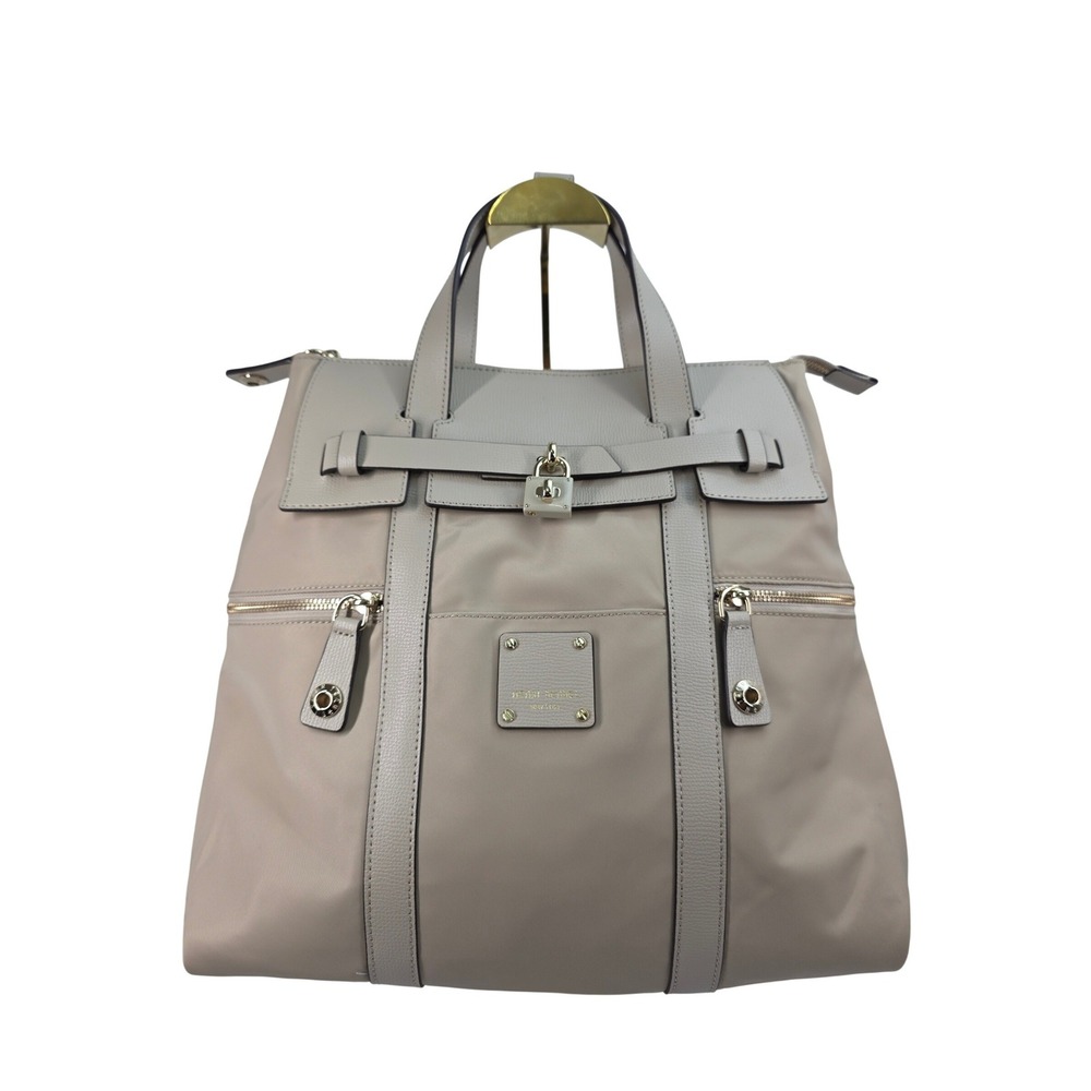 Henri Bendel Jetsetter Convertible Backpack Beige Nylon Leather Trim Gold Tone